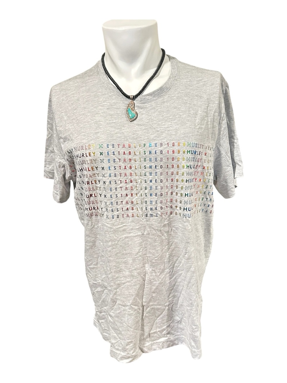 Hurley Light Gray Short Sleeve Tee with Multicolor Logo Rows